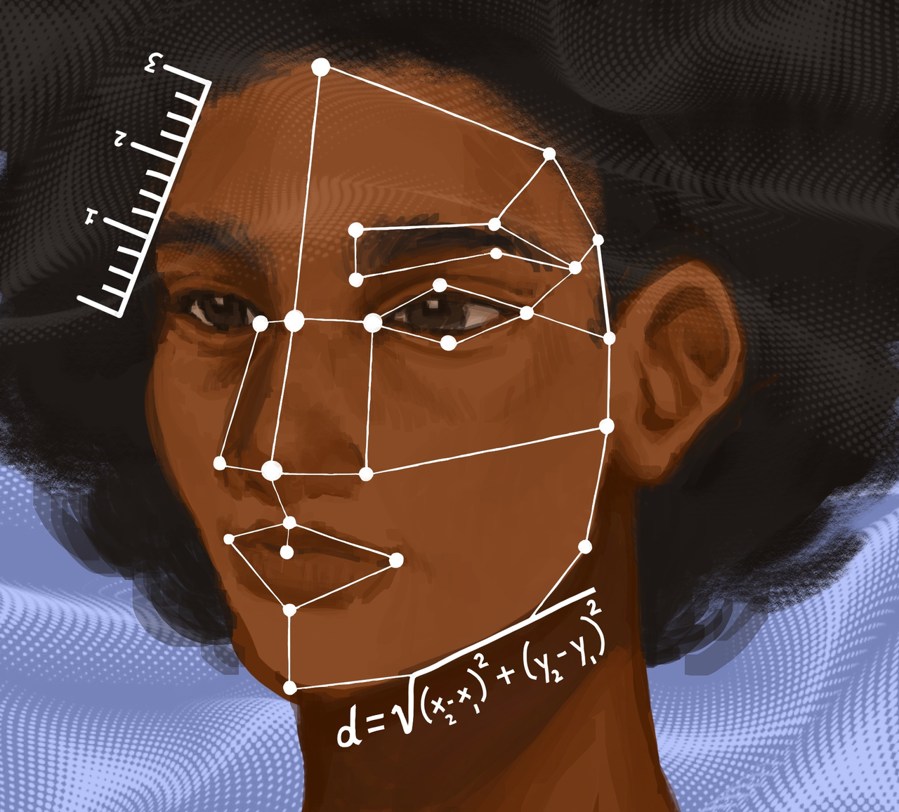 A digital illustration of a face mapped with white geometric lines and dots, a numbered scale, and a formula, over a textured blue background.