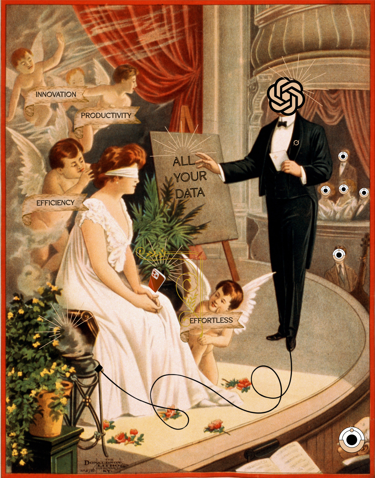 A collage titled The AI-Deal: a suited figure with the OpenAI logo for a face points to a board reading ALL YOUR DATA, with surveillance eye icons around the scene.