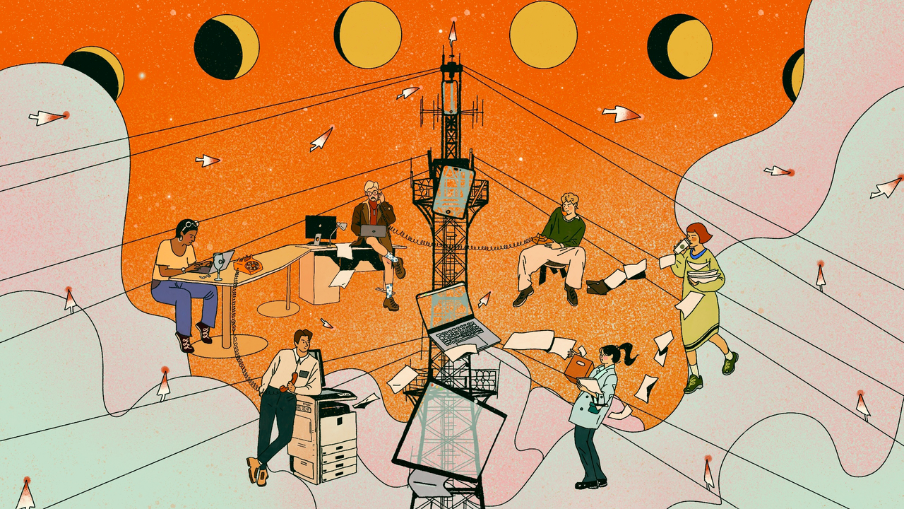 An illustration of people working on devices around tall signal towers under a sky showing the sun in many phases, with mouse-cursor-shaped birds.
