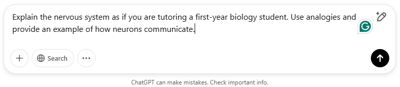 Screenshot of a more detailed, structured ChatGPT response to the improved nervous-system prompt that uses analogies and an example.