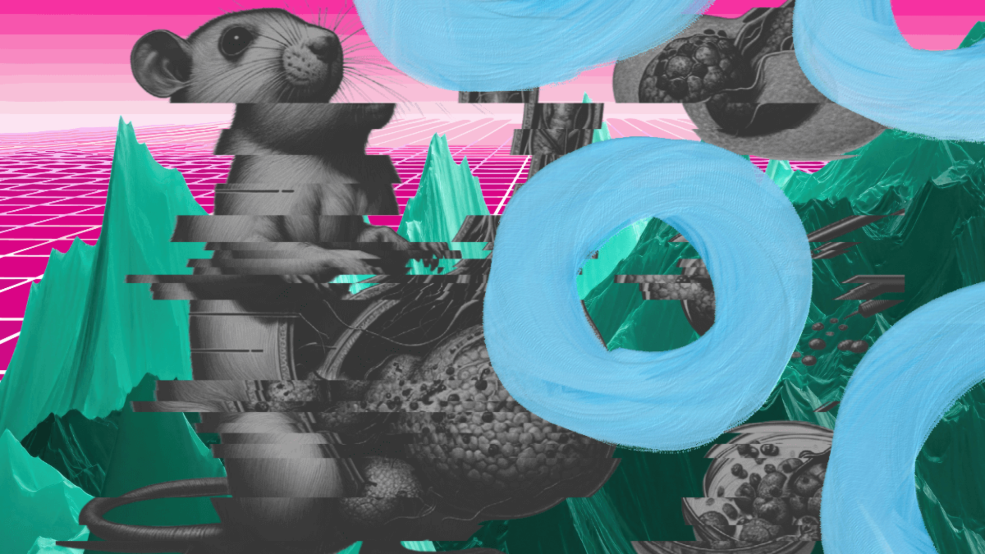 A grey-scale rat with inaccurate, oversized anatomy taken from an AI-generated figure in an academic paper, sliced and overlaid with blue torus icons against a green mountain range and gradient sky.