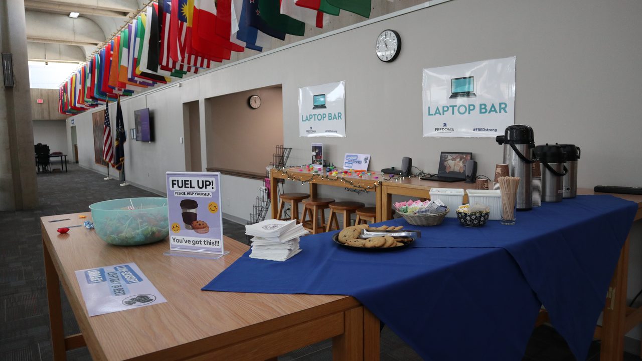 The refreshments bar with cookies, coffee, and sensory toys